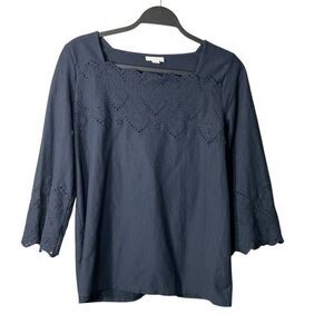 J.Jill Womens Embroidered Eyelet Square Neck Blouse Navy Size Small